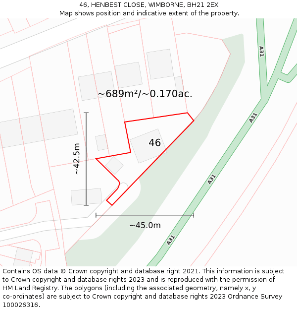 46, HENBEST CLOSE, WIMBORNE, BH21 2EX: Plot and title map