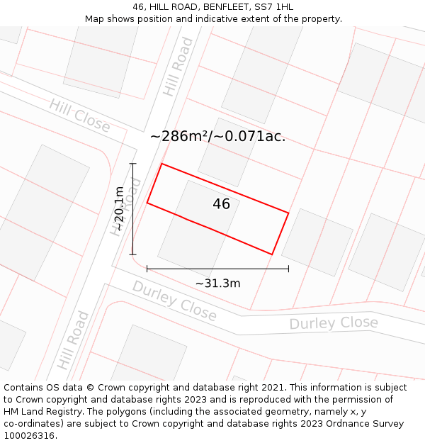 46, HILL ROAD, BENFLEET, SS7 1HL: Plot and title map