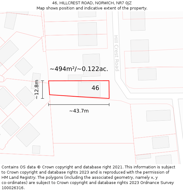 46, HILLCREST ROAD, NORWICH, NR7 0JZ: Plot and title map