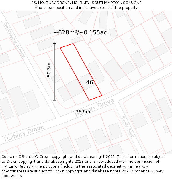 46, HOLBURY DROVE, HOLBURY, SOUTHAMPTON, SO45 2NF: Plot and title map