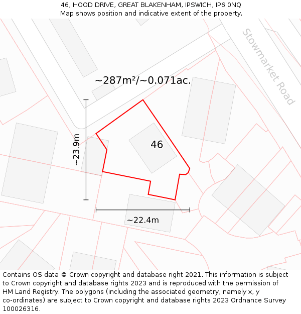 46, HOOD DRIVE, GREAT BLAKENHAM, IPSWICH, IP6 0NQ: Plot and title map