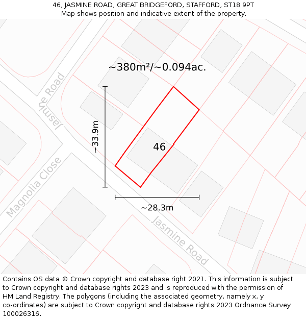 46, JASMINE ROAD, GREAT BRIDGEFORD, STAFFORD, ST18 9PT: Plot and title map