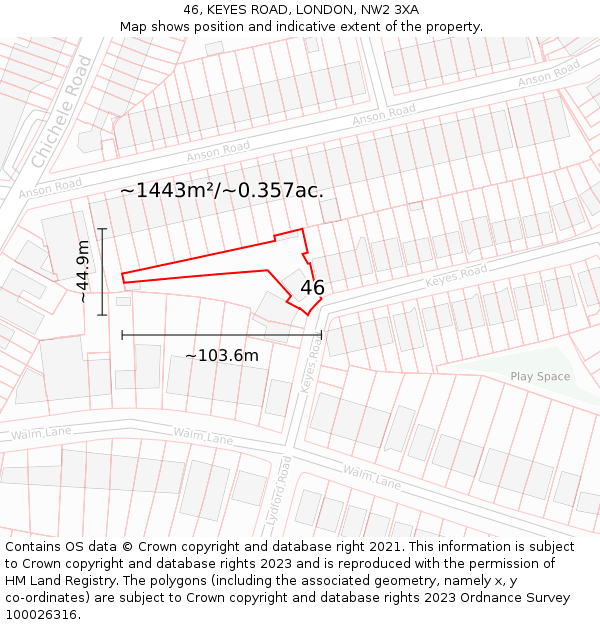 46, KEYES ROAD, LONDON, NW2 3XA: Plot and title map