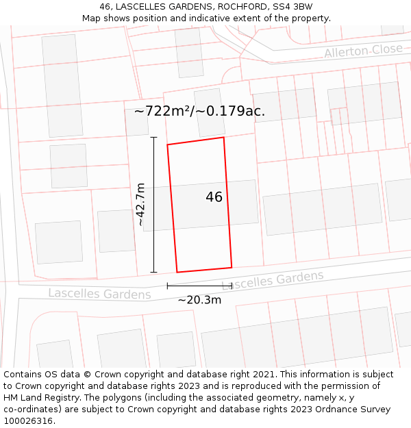 46, LASCELLES GARDENS, ROCHFORD, SS4 3BW: Plot and title map