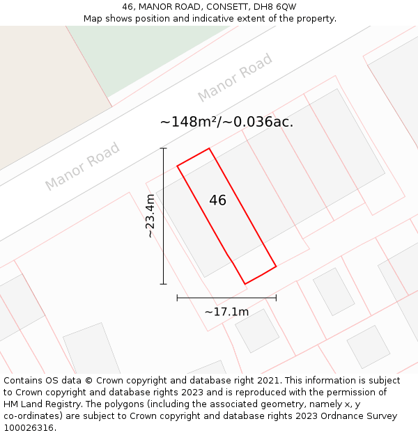 46, MANOR ROAD, CONSETT, DH8 6QW: Plot and title map