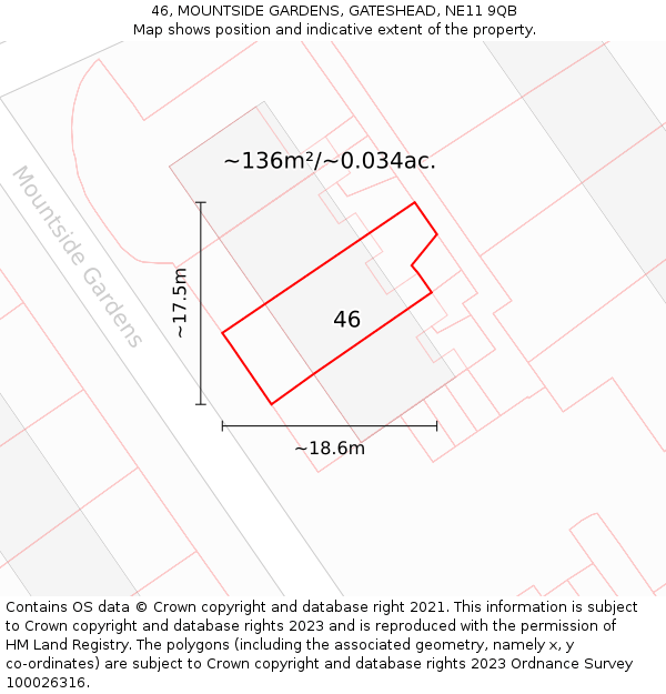 46, MOUNTSIDE GARDENS, GATESHEAD, NE11 9QB: Plot and title map