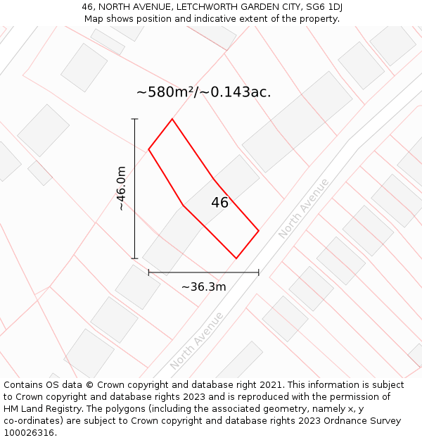 46, NORTH AVENUE, LETCHWORTH GARDEN CITY, SG6 1DJ: Plot and title map