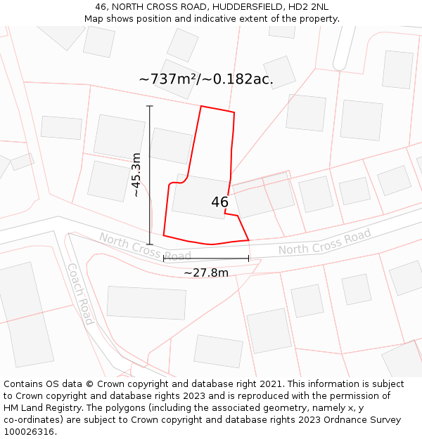 46, NORTH CROSS ROAD, HUDDERSFIELD, HD2 2NL: Plot and title map