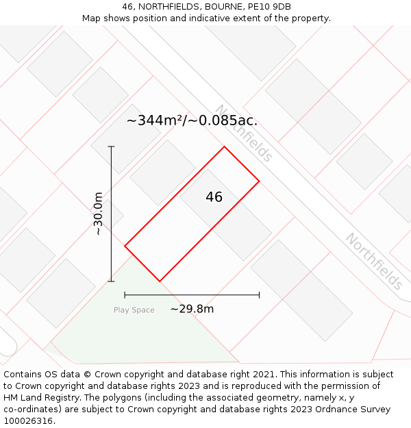 46, NORTHFIELDS, BOURNE, PE10 9DB: Plot and title map