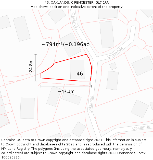 46, OAKLANDS, CIRENCESTER, GL7 1FA: Plot and title map