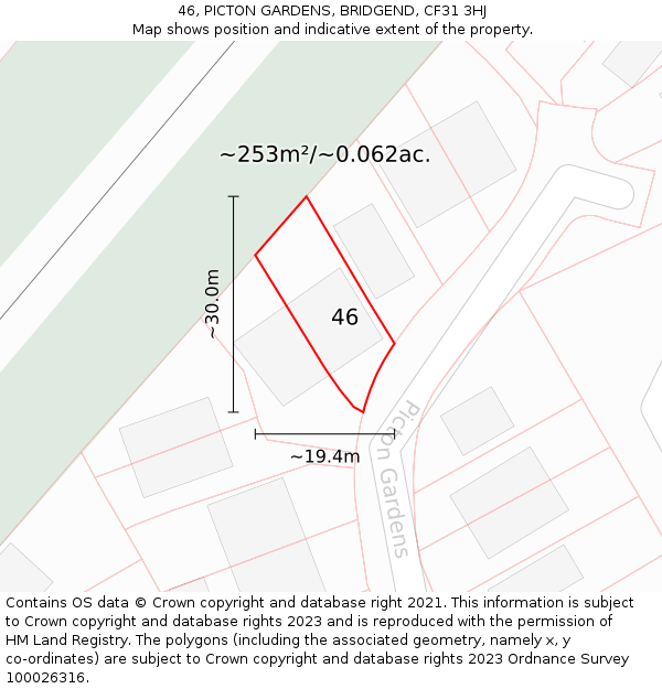 46, PICTON GARDENS, BRIDGEND, CF31 3HJ: Plot and title map