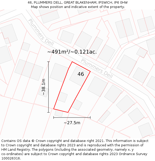 46, PLUMMERS DELL, GREAT BLAKENHAM, IPSWICH, IP6 0HW: Plot and title map