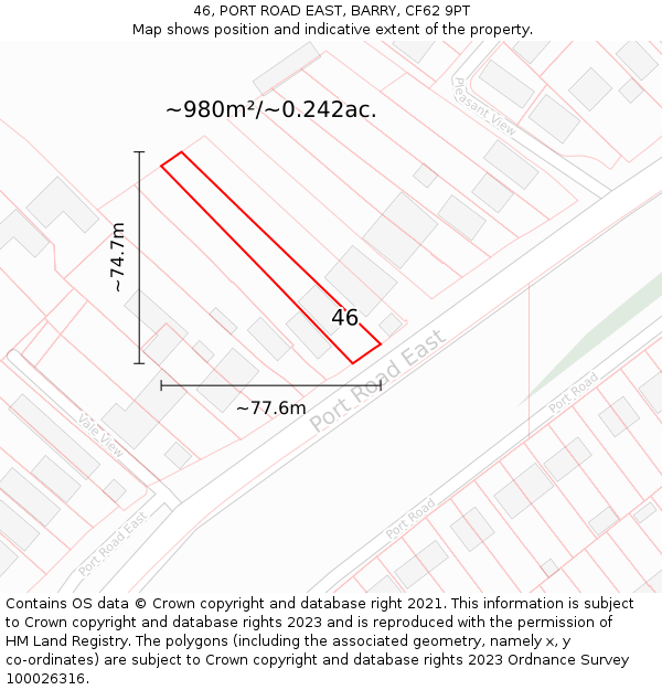 46, PORT ROAD EAST, BARRY, CF62 9PT: Plot and title map