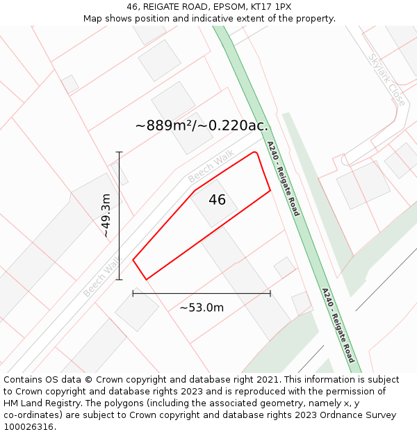 46, REIGATE ROAD, EPSOM, KT17 1PX: Plot and title map