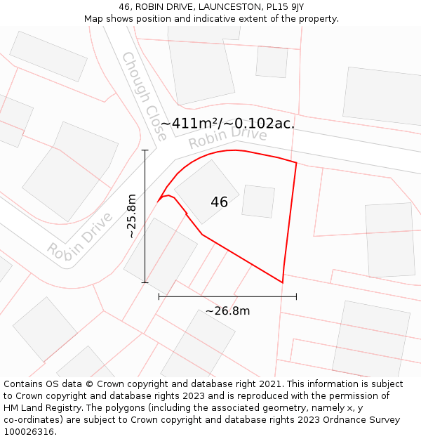 46, ROBIN DRIVE, LAUNCESTON, PL15 9JY: Plot and title map