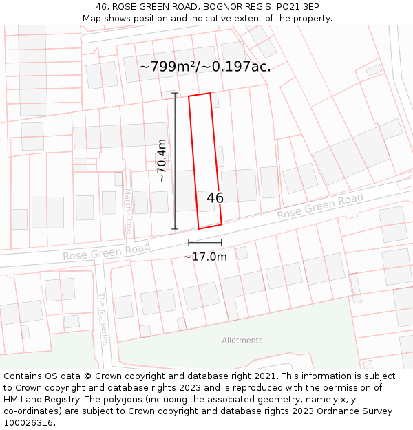 46, ROSE GREEN ROAD, BOGNOR REGIS, PO21 3EP: Plot and title map