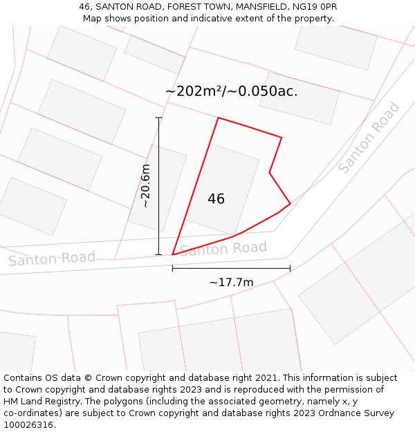 46, SANTON ROAD, FOREST TOWN, MANSFIELD, NG19 0PR: Plot and title map