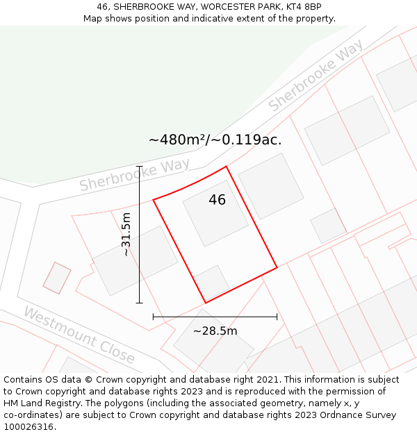46, SHERBROOKE WAY, WORCESTER PARK, KT4 8BP: Plot and title map