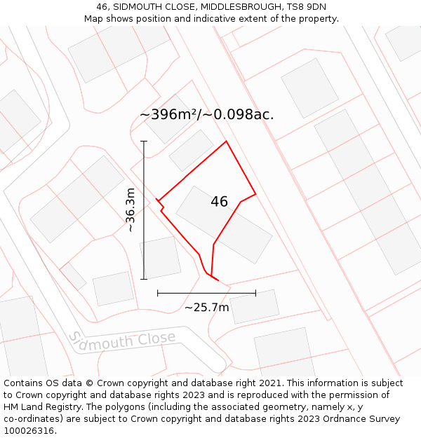 46, SIDMOUTH CLOSE, MIDDLESBROUGH, TS8 9DN: Plot and title map