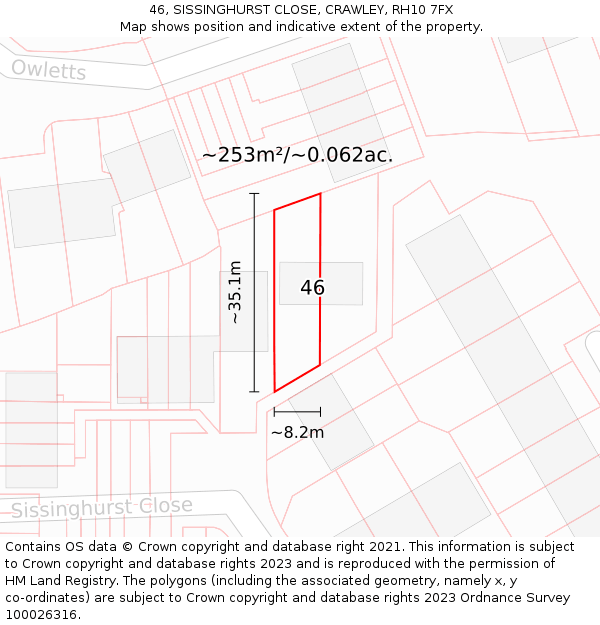 46, SISSINGHURST CLOSE, CRAWLEY, RH10 7FX: Plot and title map