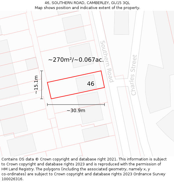 46, SOUTHERN ROAD, CAMBERLEY, GU15 3QL: Plot and title map