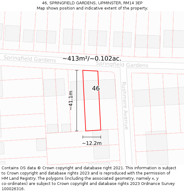 46, SPRINGFIELD GARDENS, UPMINSTER, RM14 3EP: Plot and title map