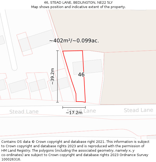 46, STEAD LANE, BEDLINGTON, NE22 5LY: Plot and title map