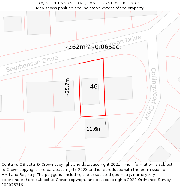 46, STEPHENSON DRIVE, EAST GRINSTEAD, RH19 4BG: Plot and title map