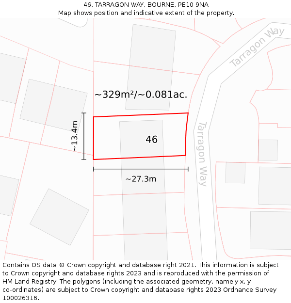 46, TARRAGON WAY, BOURNE, PE10 9NA: Plot and title map