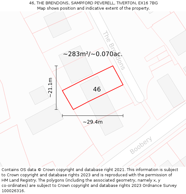 46, THE BRENDONS, SAMPFORD PEVERELL, TIVERTON, EX16 7BG: Plot and title map