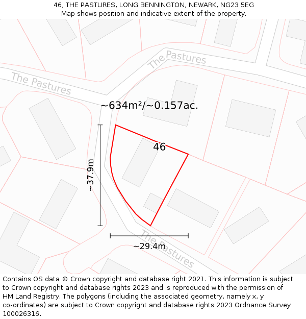 46, THE PASTURES, LONG BENNINGTON, NEWARK, NG23 5EG: Plot and title map