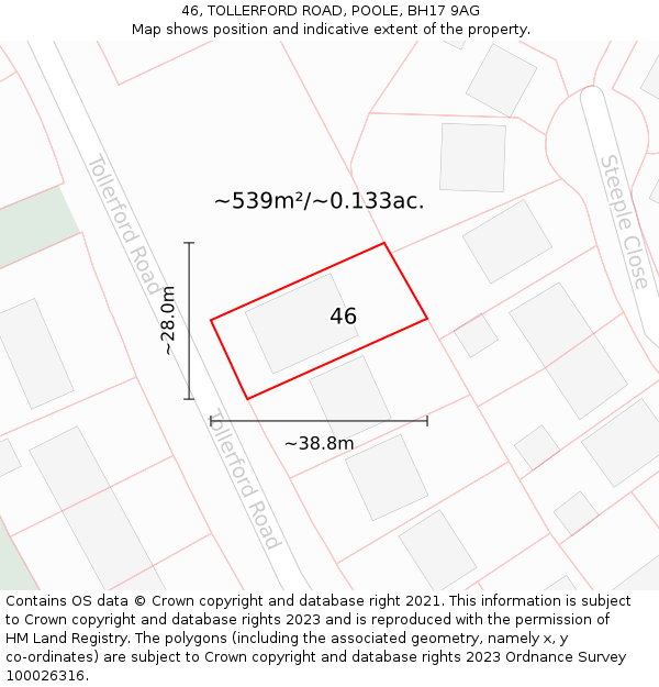 46, TOLLERFORD ROAD, POOLE, BH17 9AG: Plot and title map