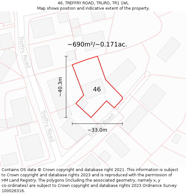 46, TREFFRY ROAD, TRURO, TR1 1WL: Plot and title map