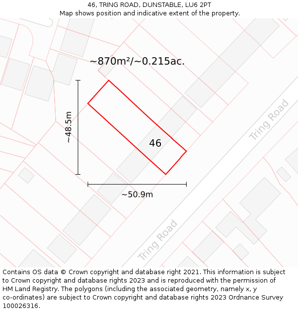 46, TRING ROAD, DUNSTABLE, LU6 2PT: Plot and title map