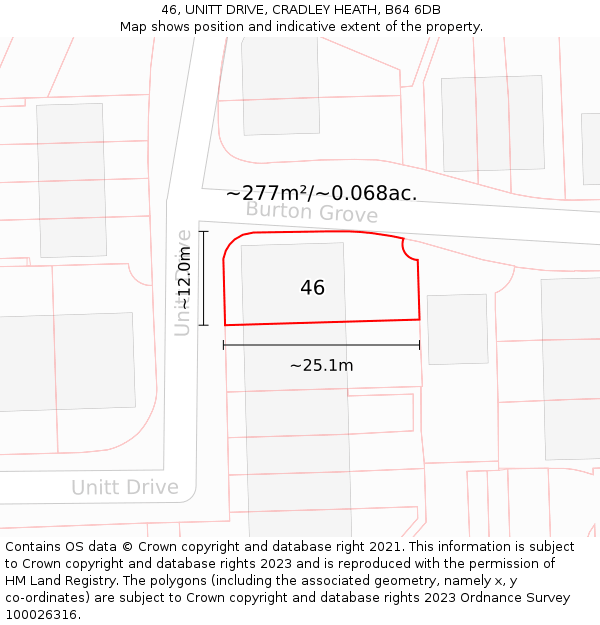 46, UNITT DRIVE, CRADLEY HEATH, B64 6DB: Plot and title map