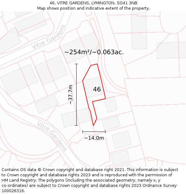 46, VITRE GARDENS, LYMINGTON, SO41 3NB: Plot and title map