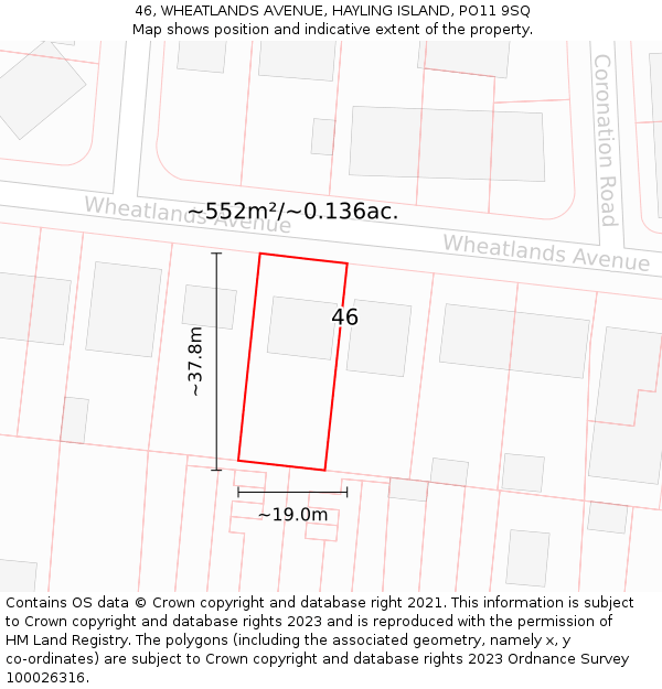 46, WHEATLANDS AVENUE, HAYLING ISLAND, PO11 9SQ: Plot and title map