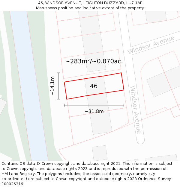 46, WINDSOR AVENUE, LEIGHTON BUZZARD, LU7 1AP: Plot and title map