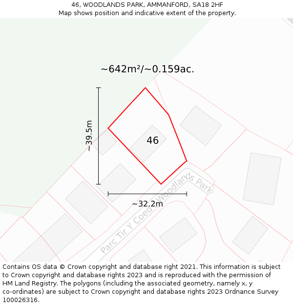 46, WOODLANDS PARK, AMMANFORD, SA18 2HF: Plot and title map