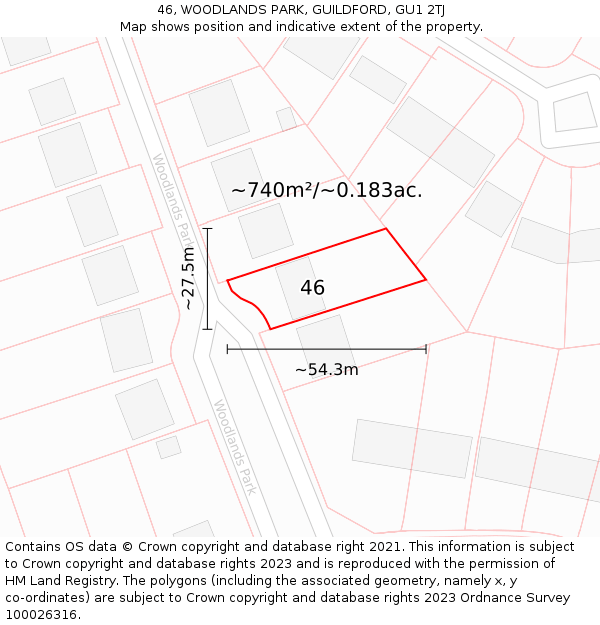 46, WOODLANDS PARK, GUILDFORD, GU1 2TJ: Plot and title map