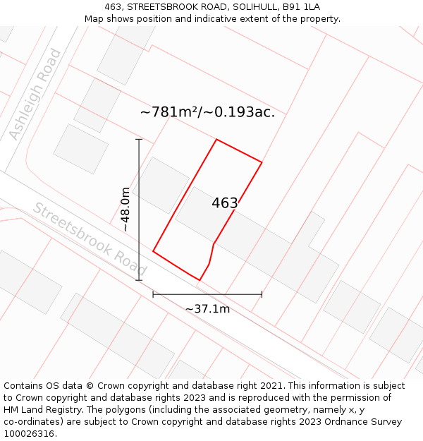 463, STREETSBROOK ROAD, SOLIHULL, B91 1LA: Plot and title map