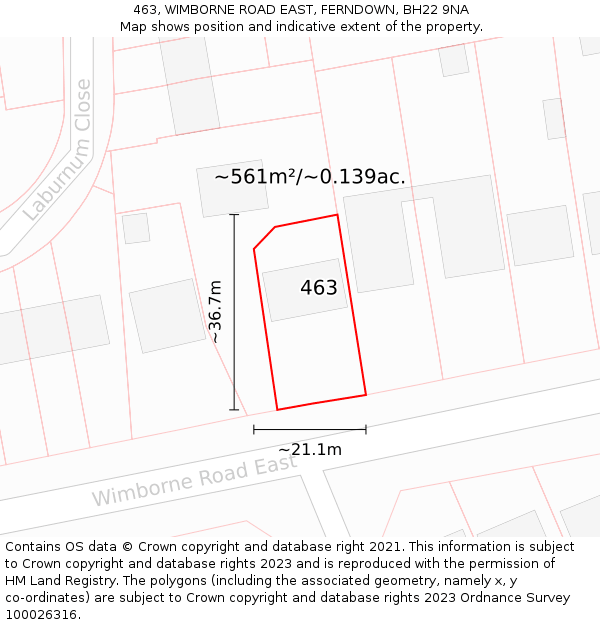463, WIMBORNE ROAD EAST, FERNDOWN, BH22 9NA: Plot and title map