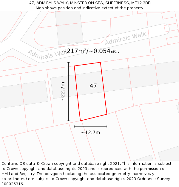 47, ADMIRALS WALK, MINSTER ON SEA, SHEERNESS, ME12 3BB: Plot and title map