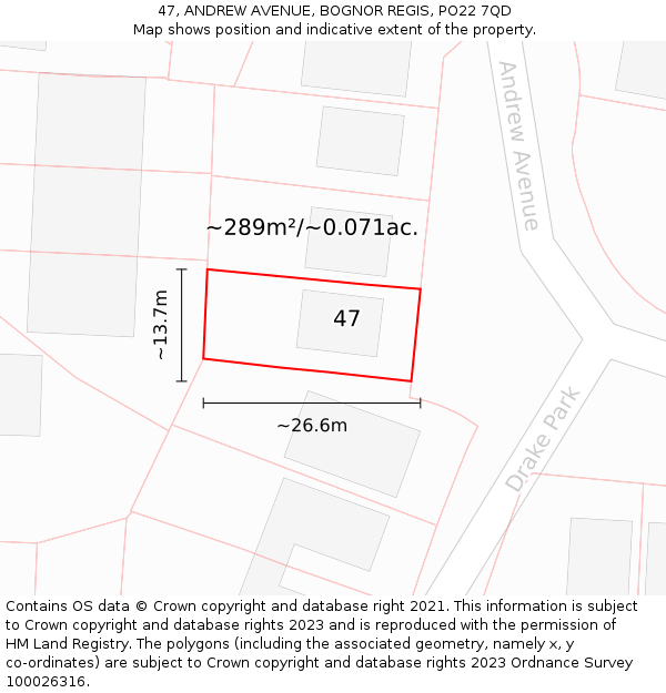 47, ANDREW AVENUE, BOGNOR REGIS, PO22 7QD: Plot and title map