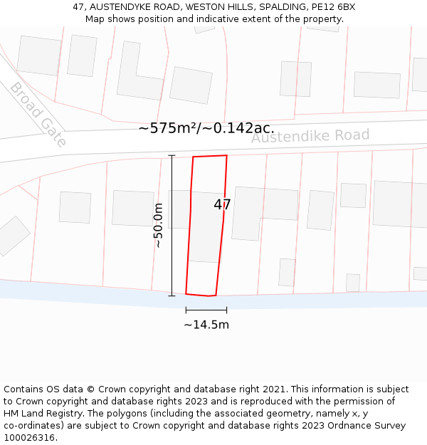 47, AUSTENDYKE ROAD, WESTON HILLS, SPALDING, PE12 6BX: Plot and title map