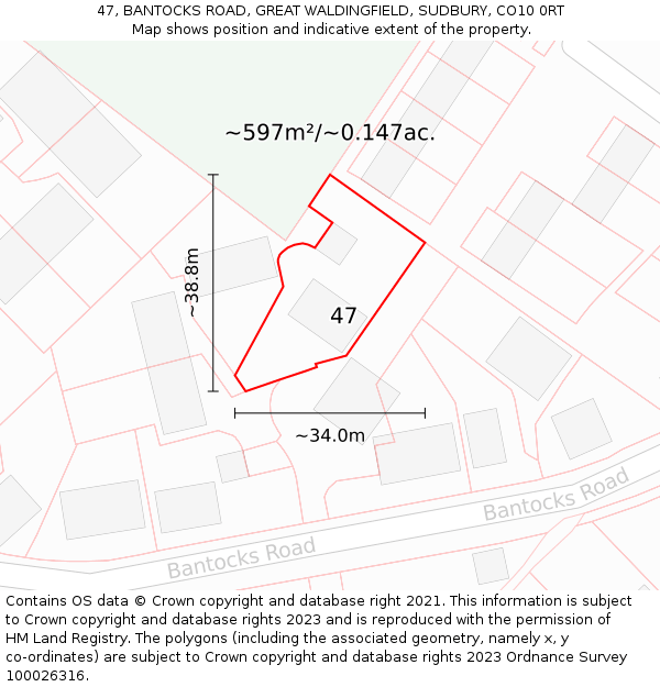 47, BANTOCKS ROAD, GREAT WALDINGFIELD, SUDBURY, CO10 0RT: Plot and title map