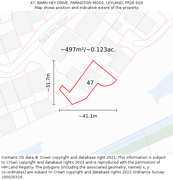 47, BARN HEY DRIVE, FARINGTON MOSS, LEYLAND, PR26 6QX: Plot and title map