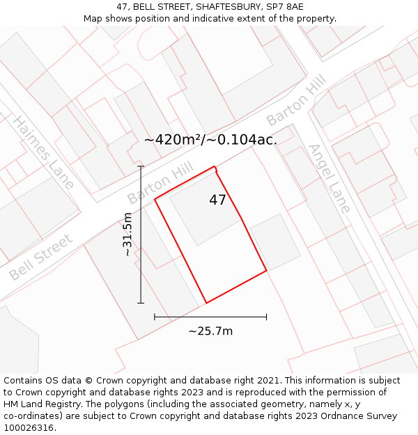 47, BELL STREET, SHAFTESBURY, SP7 8AE: Plot and title map