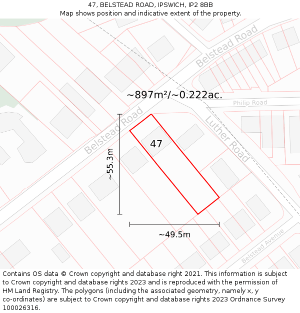 47, BELSTEAD ROAD, IPSWICH, IP2 8BB: Plot and title map