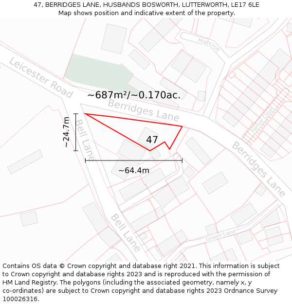 47, BERRIDGES LANE, HUSBANDS BOSWORTH, LUTTERWORTH, LE17 6LE: Plot and title map